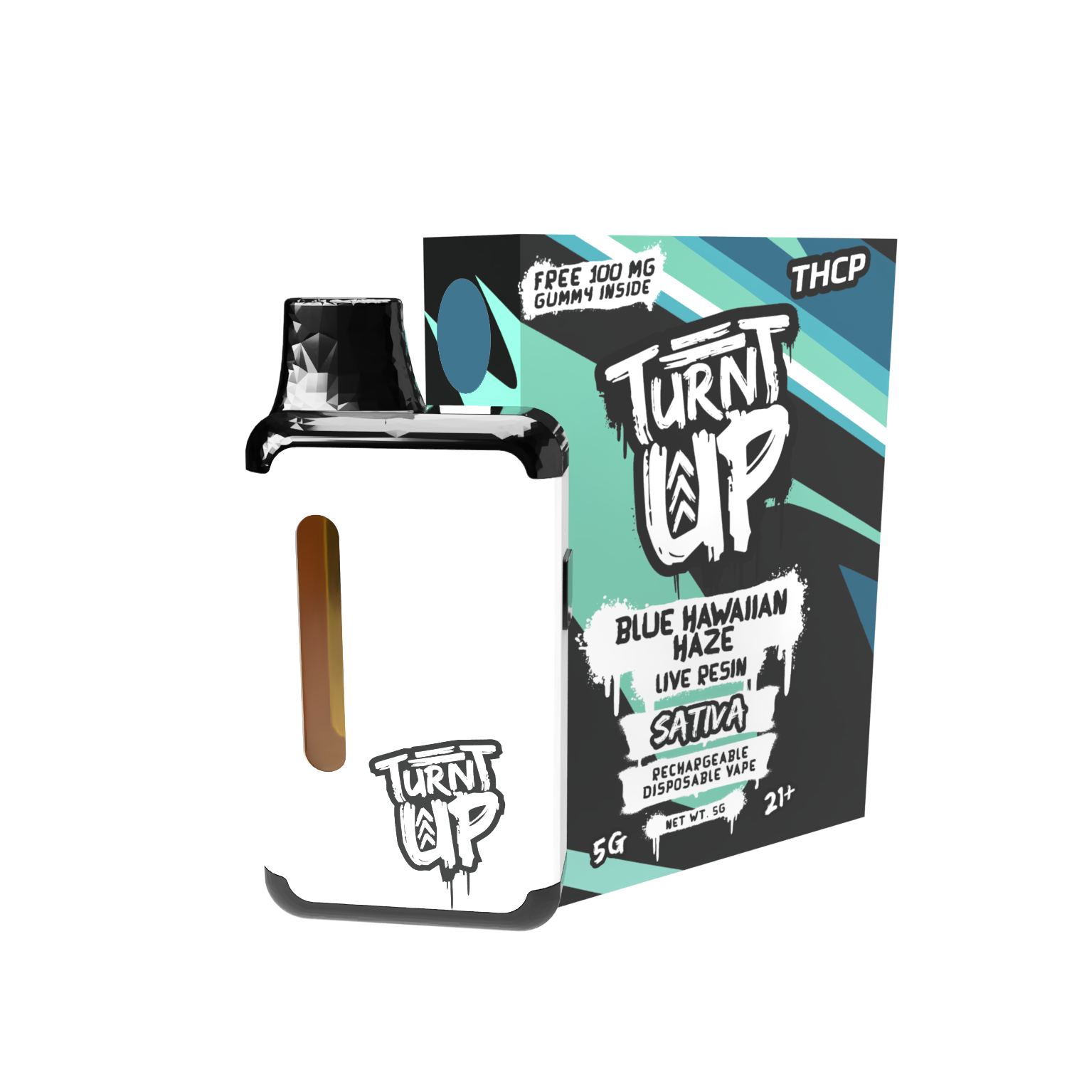 A person holding a brightly colored vape device labeled 'Turnt Up' outdoors.