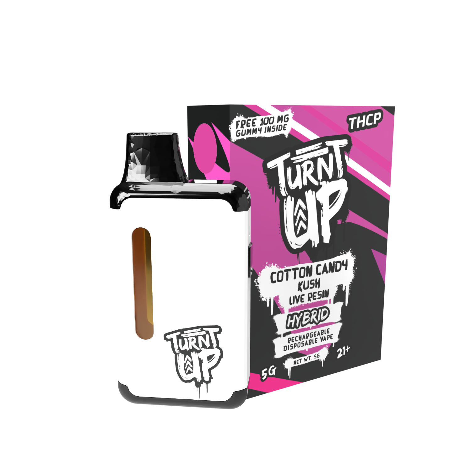 A person holding a brightly colored vape device labeled 'Turnt Up' outdoors.