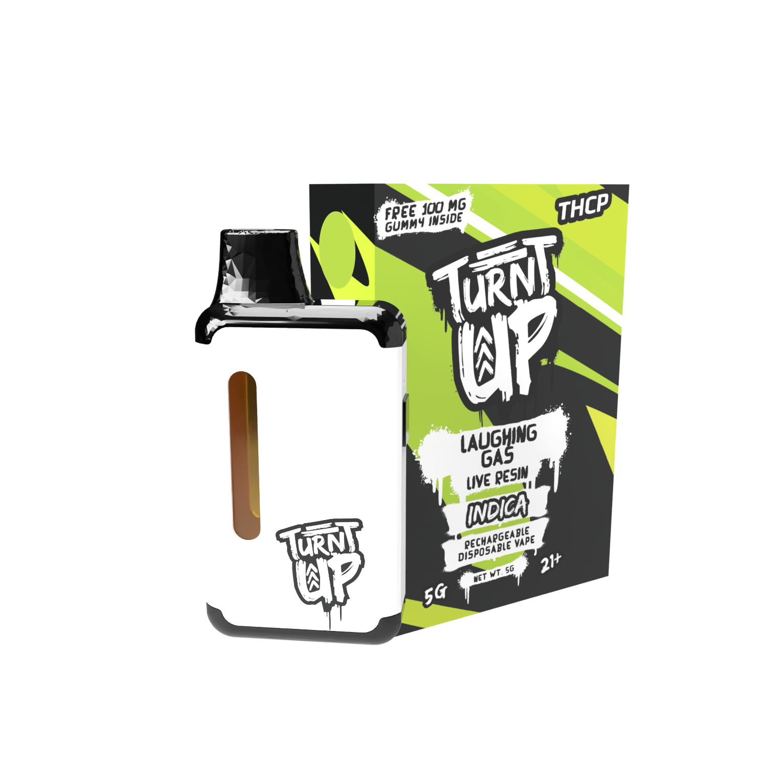 A person holding a brightly colored vape device labeled 'Turnt Up' outdoors.