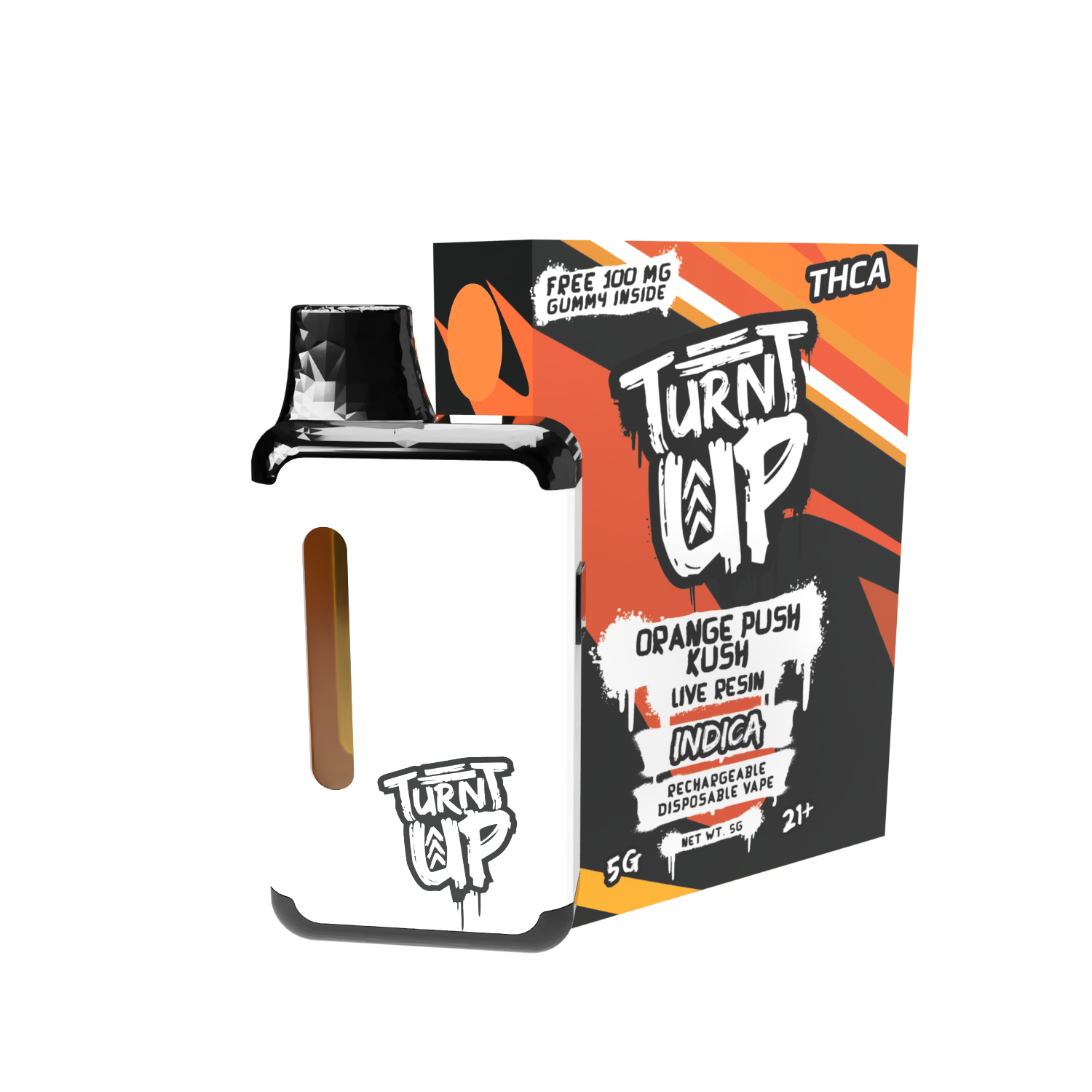 A person holding a brightly colored vape device labeled 'Turnt Up' outdoors.