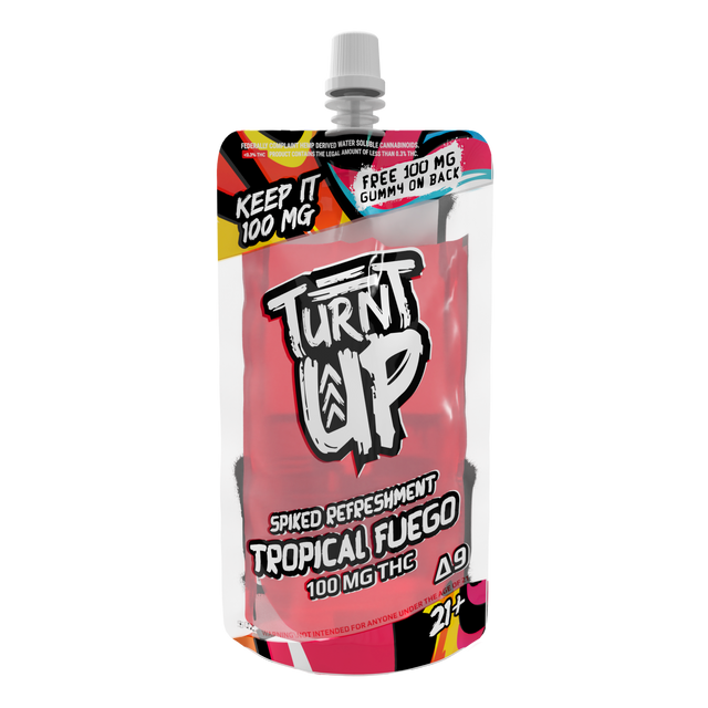 A person holding a brightly colored vape device labeled 'Turnt Up' outdoors.